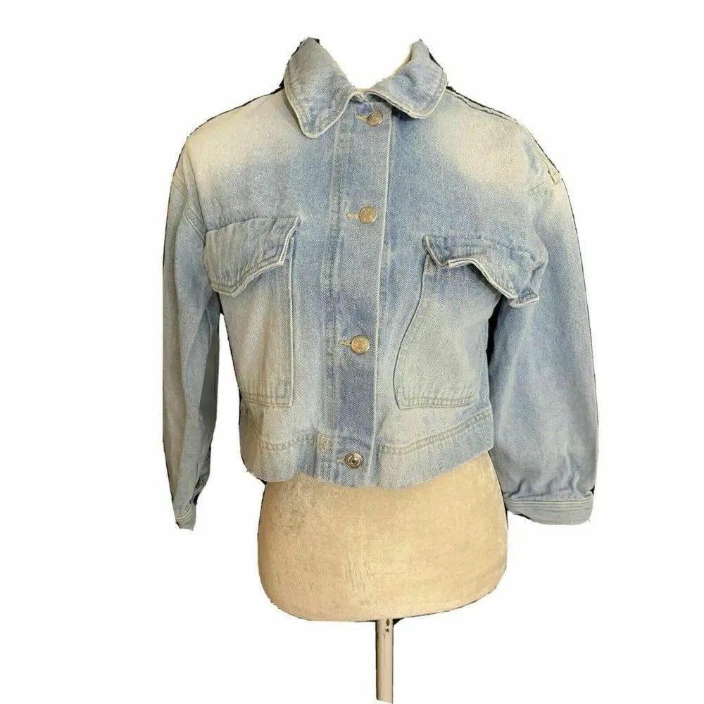 Zara Womens Light Blue Long Sleeve Button Down Crop Jean Denim Jacket Xs